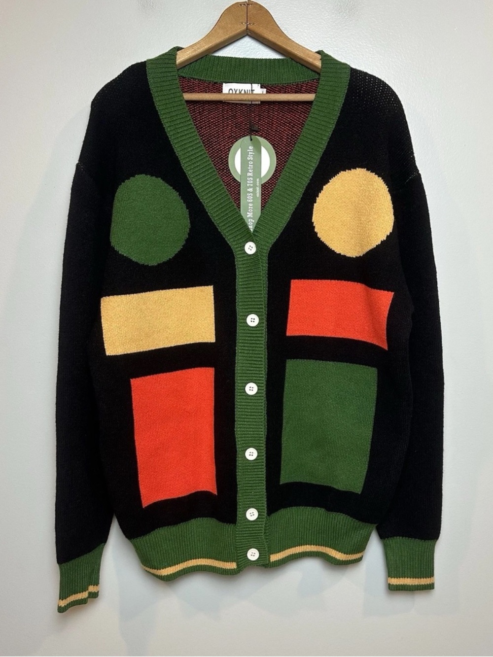 Oxknit Men's Retro Grandpa Cardigan Bright Artsy Geometric 60s 70s NWT - Picture 2 of 12